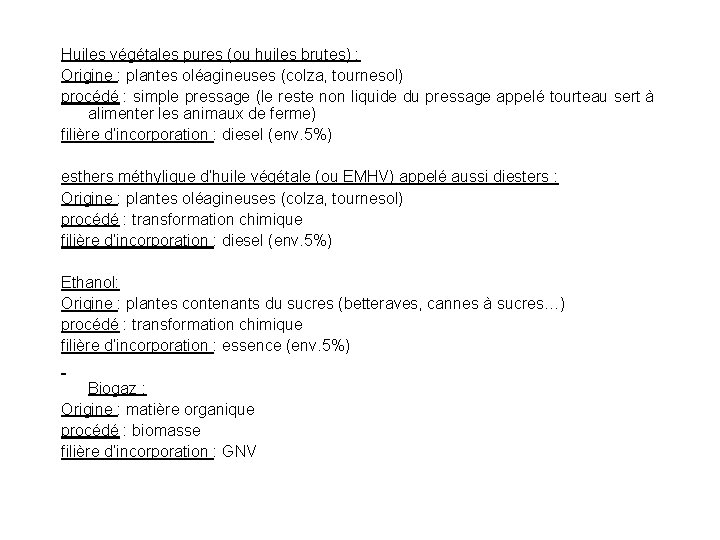 Huiles végétales pures (ou huiles brutes) : Origine : plantes oléagineuses (colza, tournesol) procédé