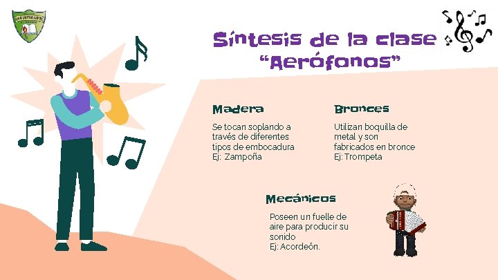 Síntesis de la clase “Aerófonos” Madera Bronces Se tocan soplando a través de diferentes