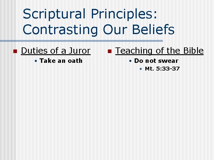 Scriptural Principles: Contrasting Our Beliefs n Duties of a Juror • Take an oath