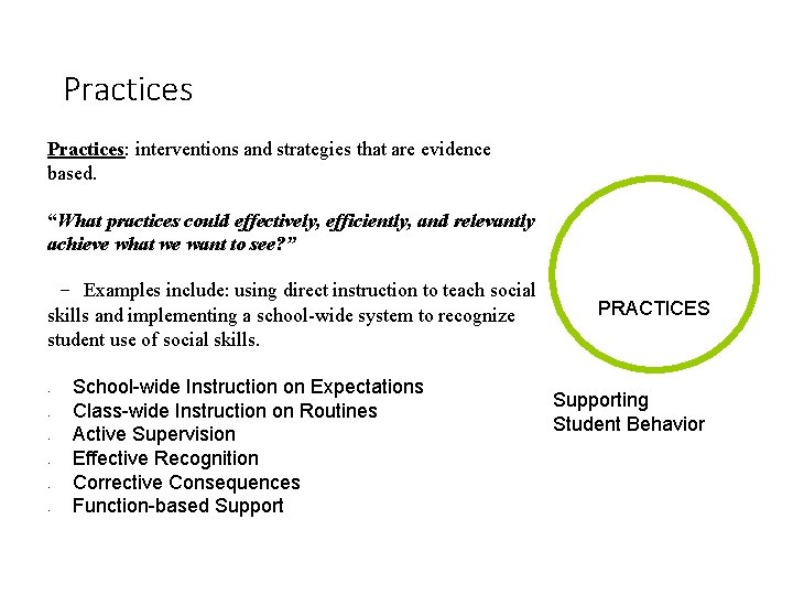 Practices: interventions and strategies that are evidence based. “What practices could effectively, efficiently, and