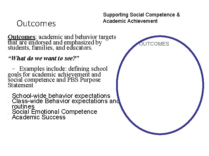 Outcomes Supporting Social Competence & Academic Achievement . Outcomes: academic and behavior targets that