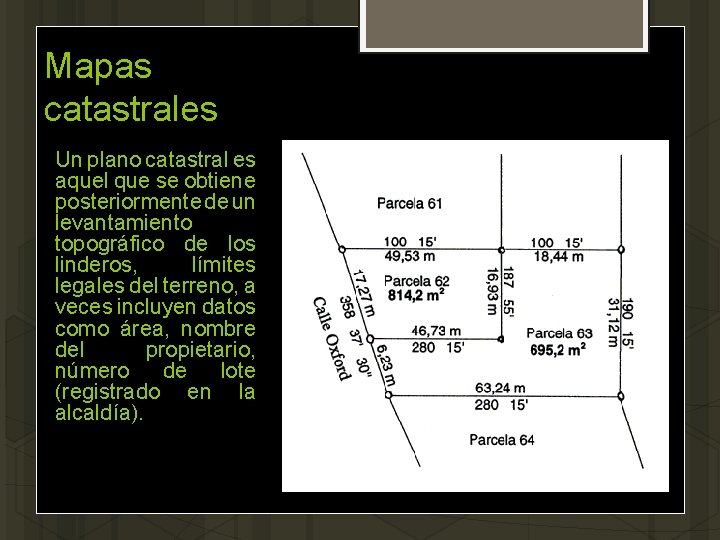 Mapas catastrales Un plano catastral es aquel que se obtiene posteriormente de un levantamiento