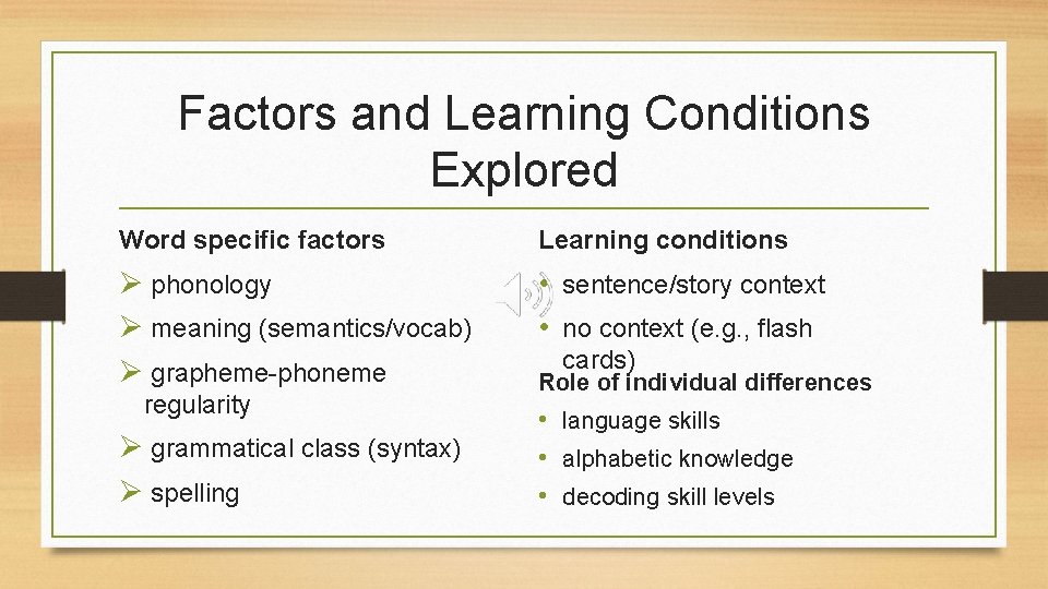 Factors and Learning Conditions Explored Word specific factors Learning conditions Ø phonology Ø meaning