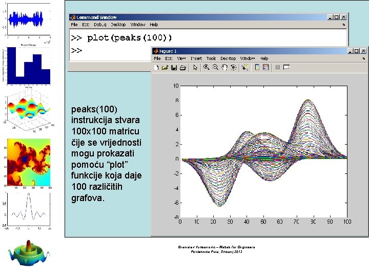 peaks(100) instrukcija stvara 100 x 100 matricu čije se vrijednosti mogu prokazati pomoću “plot”