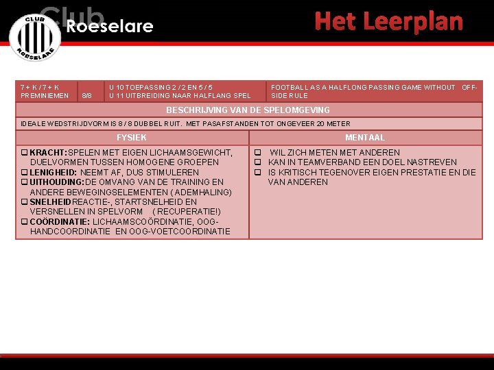 Het Leerplan 7+K/7+K PREMINIEMEN 8/8 U 10 TOEPASSING 2 / 2 EN 5 /