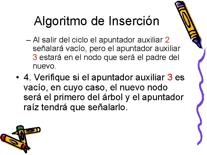 Algoritmo de Inserción – Al salir del ciclo el apuntador auxiliar 2 señalará vacío,