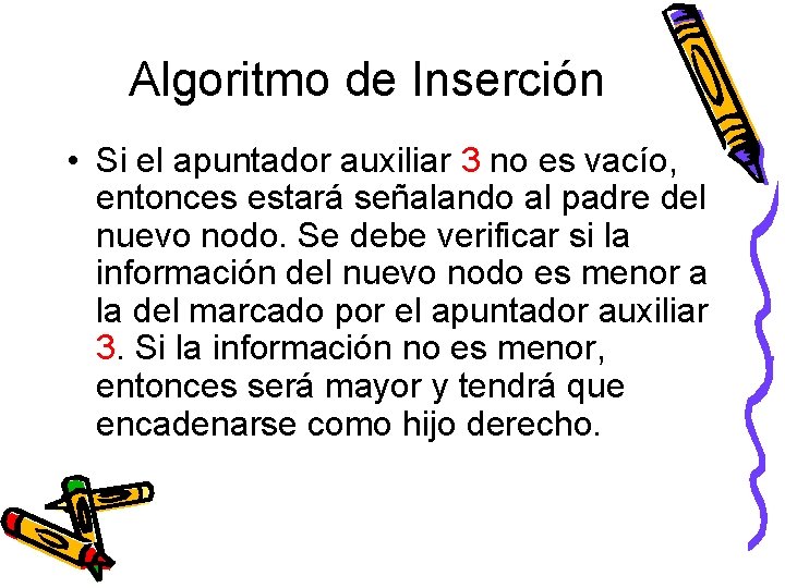 Algoritmo de Inserción • Si el apuntador auxiliar 3 no es vacío, entonces estará