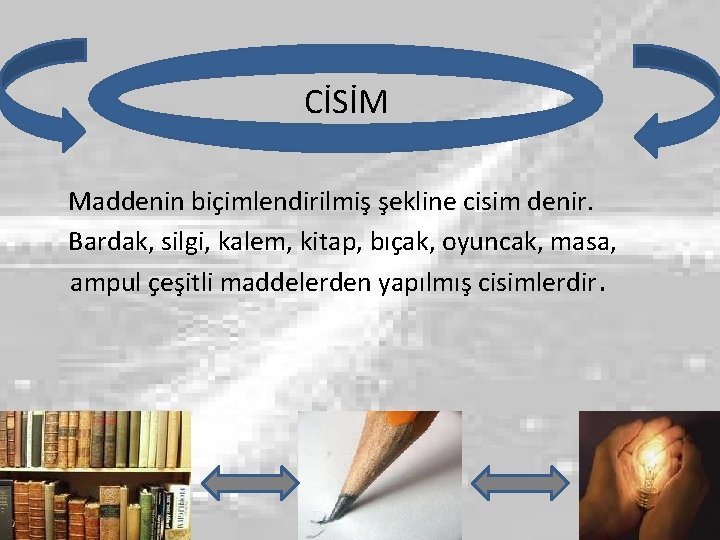 CİSİM Maddenin biçimlendirilmiş şekline cisim denir. Bardak, silgi, kalem, kitap, bıçak, oyuncak, masa, ampul