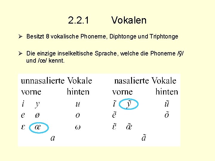 2. 2. 1 Vokalen Ø Besitzt 8 vokalische Phoneme, Diphtonge und Triphtonge Ø Die