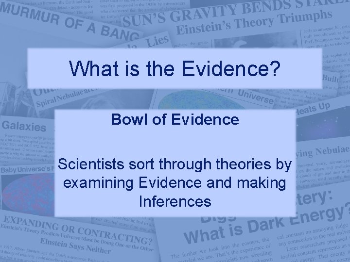 What is the Evidence? Bowl of Evidence Scientists sort through theories by examining Evidence