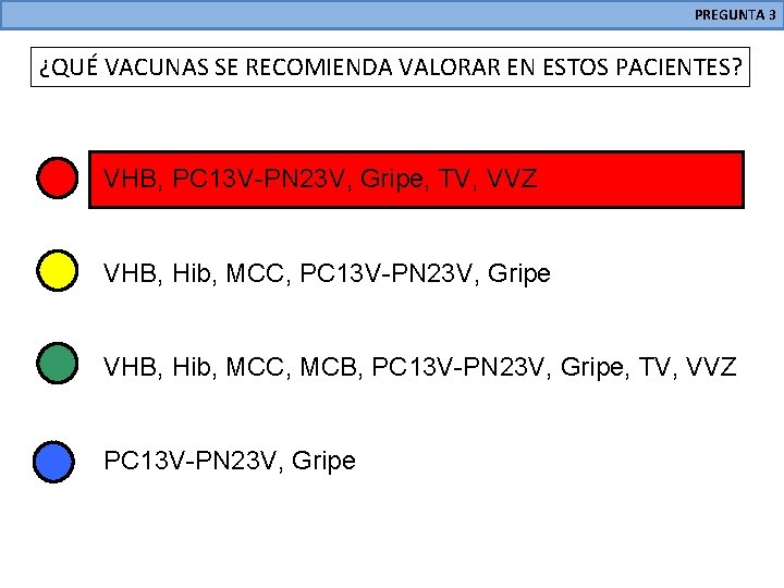 PREGUNTA 3 ¿QUÉ VACUNAS SE RECOMIENDA VALORAR EN ESTOS PACIENTES? VHB, PC 13 V-PN