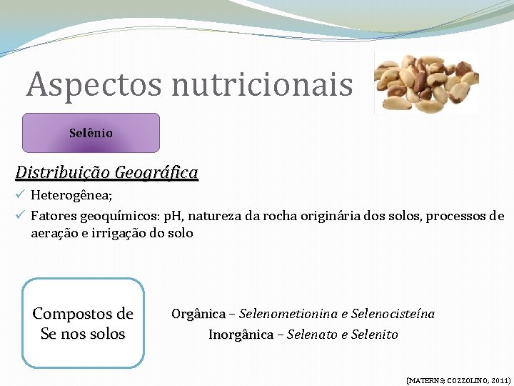 Aspectos nutricionais Selênio Distribuição Geográfica ü Heterogênea; ü Fatores geoquímicos: p. H, natureza da