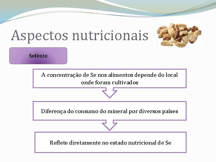 Aspectos nutricionais Selênio A concentração de Se nos alimentos depende do local onde foram