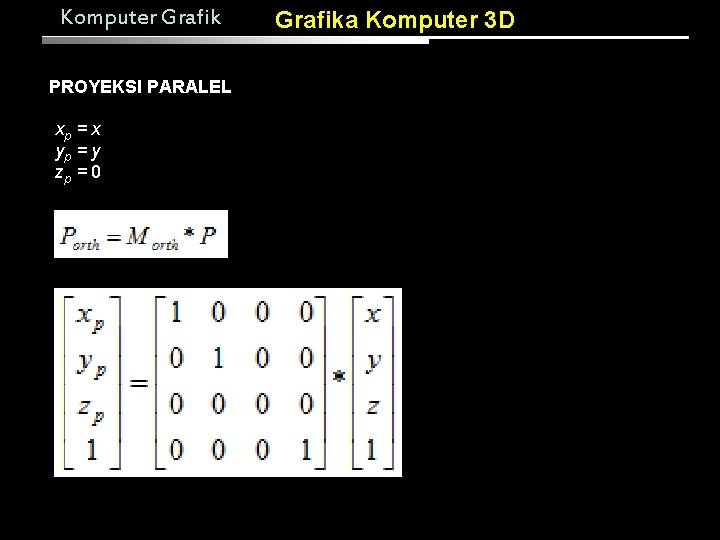Komputer Grafik PROYEKSI PARALEL xp = x yp = y zp = 0 Grafika