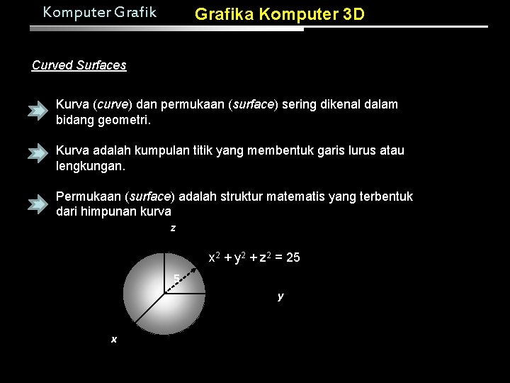 Komputer Grafika Komputer 3 D Curved Surfaces Kurva (curve) dan permukaan (surface) sering dikenal