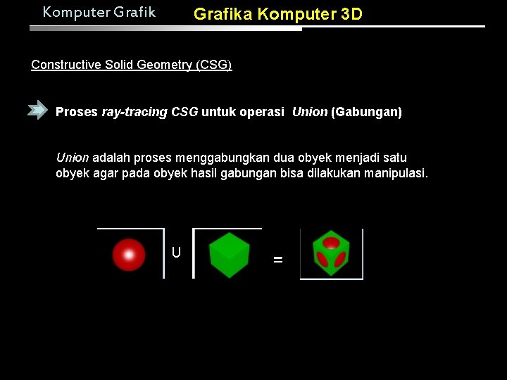 Komputer Grafika Komputer 3 D Constructive Solid Geometry (CSG) Proses ray-tracing CSG untuk operasi