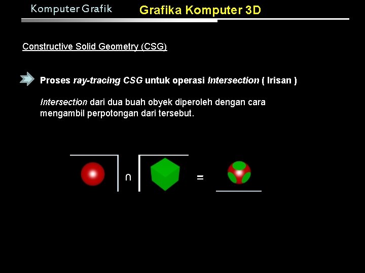 Komputer Grafika Komputer 3 D Constructive Solid Geometry (CSG) Proses ray-tracing CSG untuk operasi