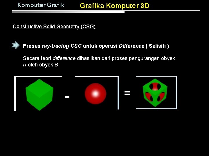 Komputer Grafika Komputer 3 D Constructive Solid Geometry (CSG) Proses ray-tracing CSG untuk operasi