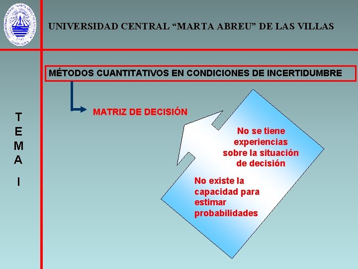 UNIVERSIDAD CENTRAL “MARTA ABREU” DE LAS VILLAS MÉTODOS CUANTITATIVOS EN CONDICIONES DE INCERTIDUMBRE T