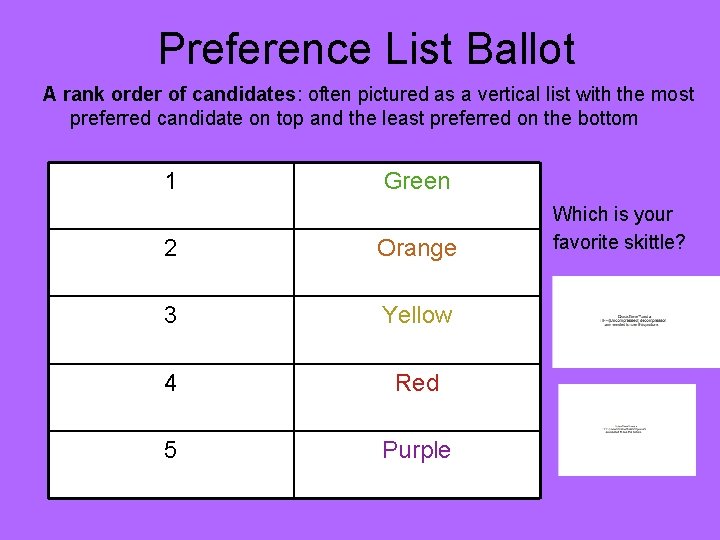Preference List Ballot A rank order of candidates: often pictured as a vertical list