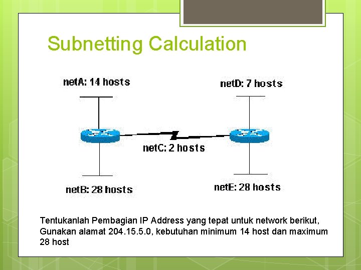 Subnetting Calculation Tentukanlah Pembagian IP Address yang tepat untuk network berikut, Gunakan alamat 204.