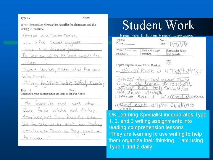 Student Work (Responses to Karen Hesse’s Just Juice) 5/6 Learning Specialist incorporates Type 1,