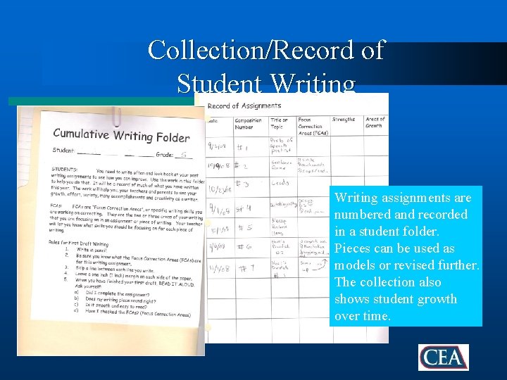 Collection/Record of Student Writing assignments are numbered and recorded in a student folder. Pieces