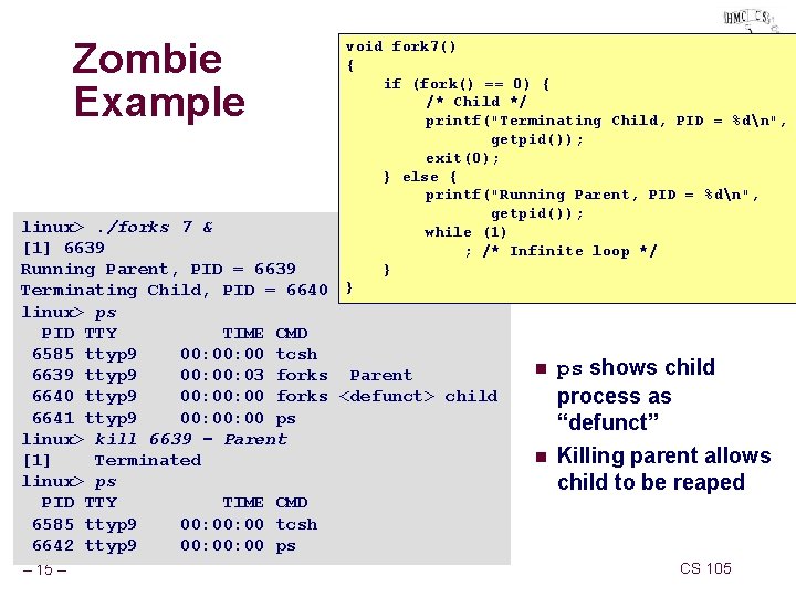 Zombie Example void fork 7() { if (fork() == 0) { /* Child */