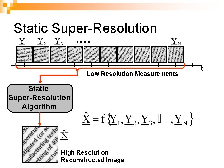 Static Super-Resolution Low Resolution Measurements Static Super-Resolution Algorithm High Resolution Reconstructed Image t 