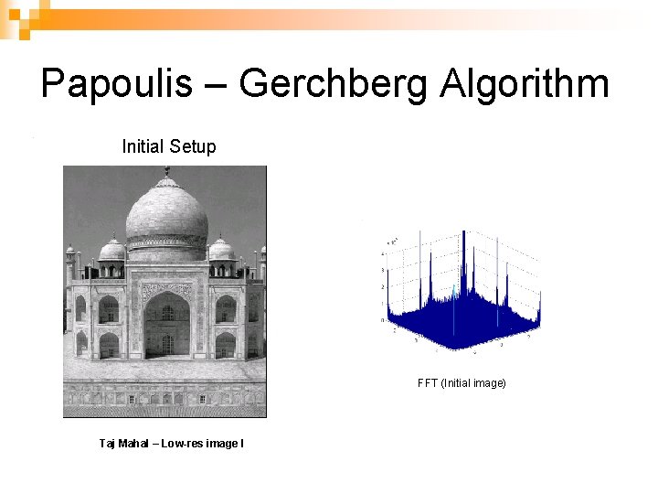 Papoulis – Gerchberg Algorithm Initial Setup FFT (Initial image) Taj Mahal – Low-res image