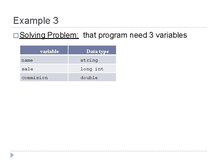 Example 3 � Solving Problem: that program need 3 variables variable Data type name