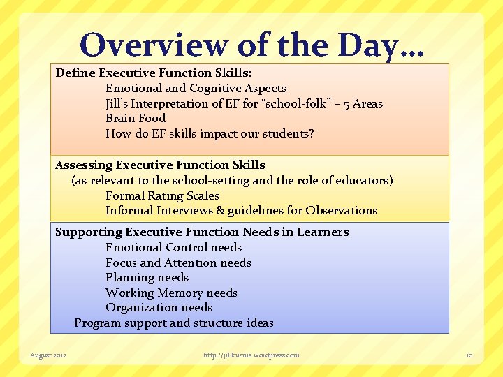 Overview of the Day… Define Executive Function Skills: Emotional and Cognitive Aspects Jill’s Interpretation