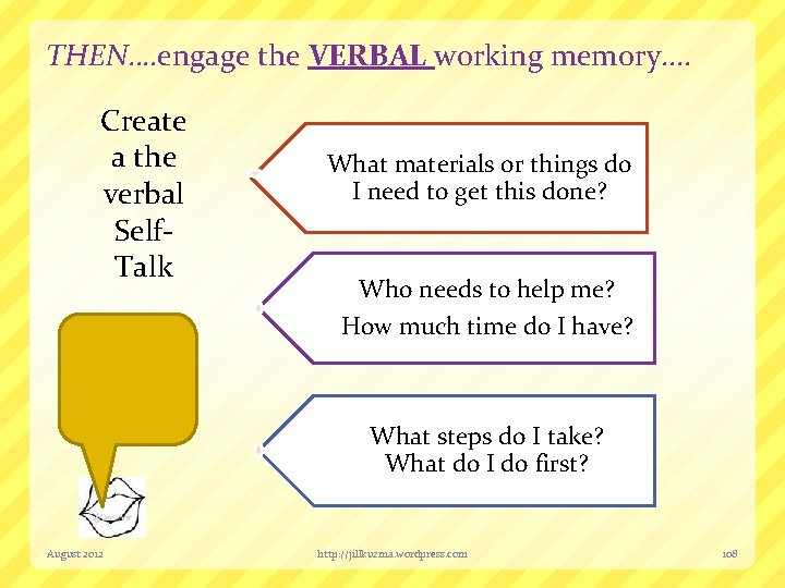 THEN…. engage the VERBAL working memory. . Create a the verbal Self. Talk What