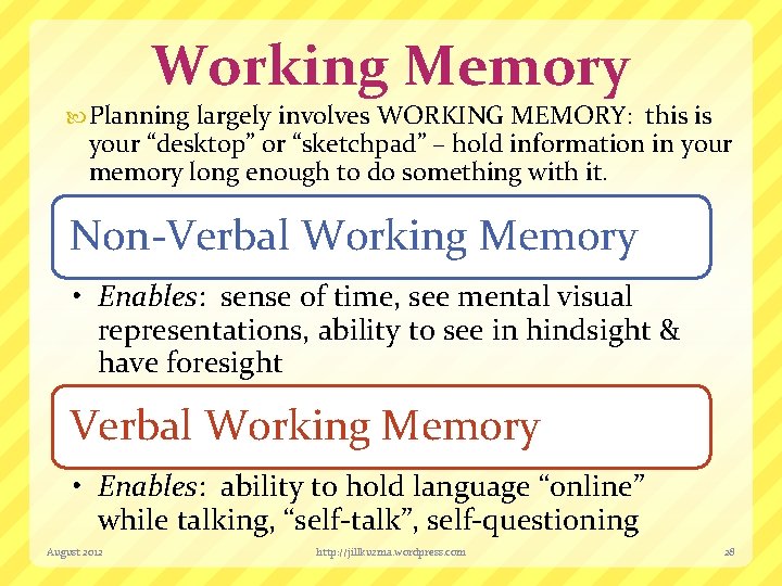 Working Memory Planning largely involves WORKING MEMORY: this is your “desktop” or “sketchpad” –