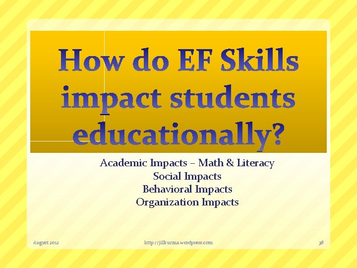 Academic Impacts – Math & Literacy Social Impacts Behavioral Impacts Organization Impacts August 2012