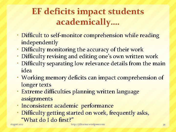 EF deficits impact students academically…. Difficult to self-monitor comprehension while reading independently Difficulty monitoring