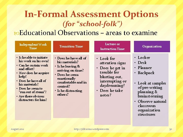 In-Formal Assessment Options (for “school-folk”) Educational Observations – areas to examine Independent Work Time