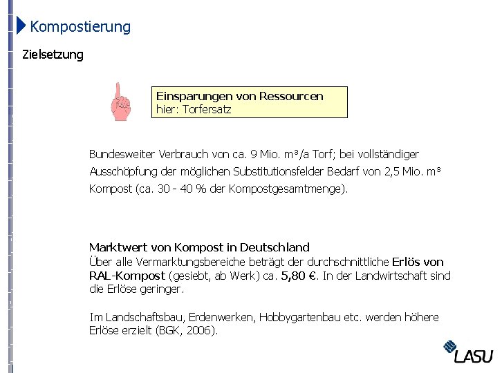  Kompostierung Zielsetzung Einsparungen von Ressourcen hier: Torfersatz Bundesweiter Verbrauch von ca. 9 Mio.