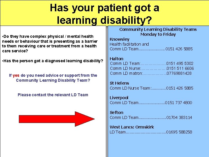 Has your patient got a learning disability? • Do they have complex physical /