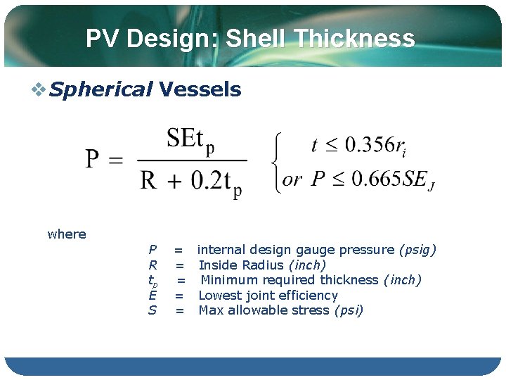 PV Design: Shell Thickness v Spherical Vessels where P R tp E S =