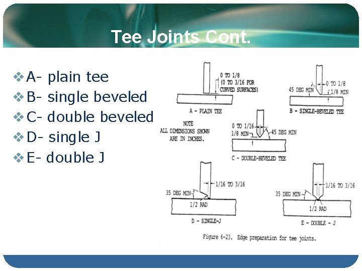 Tee Joints Cont. v A- plain tee v B- single beveled v C- double