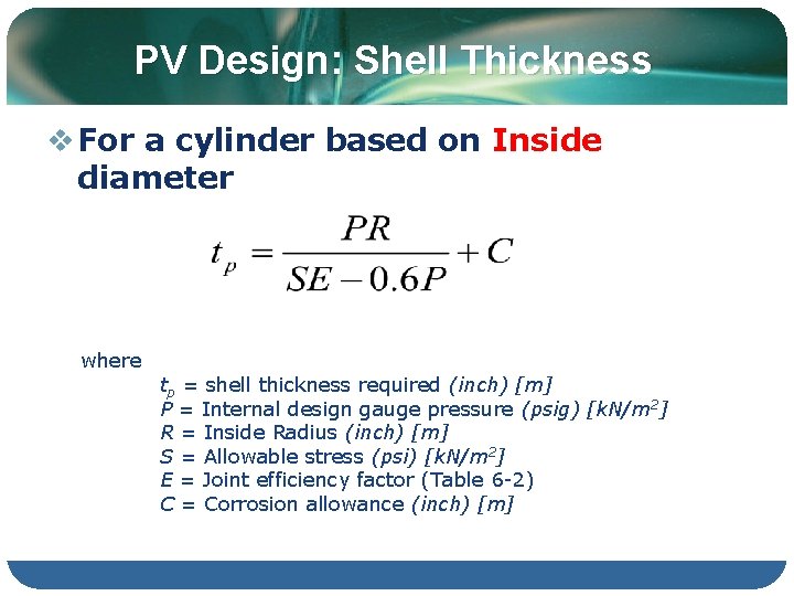 PV Design: Shell Thickness v For a cylinder based on Inside diameter where tp