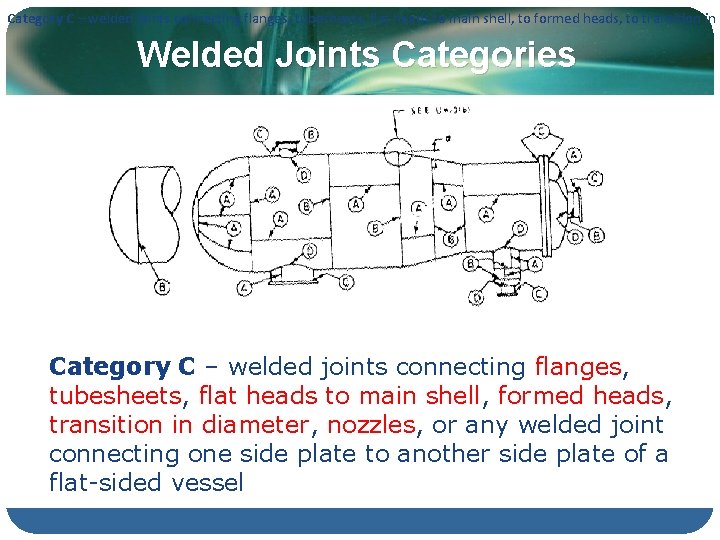 Category C – welded joints connecting flanges, tubesheets, flat heads to main shell, to