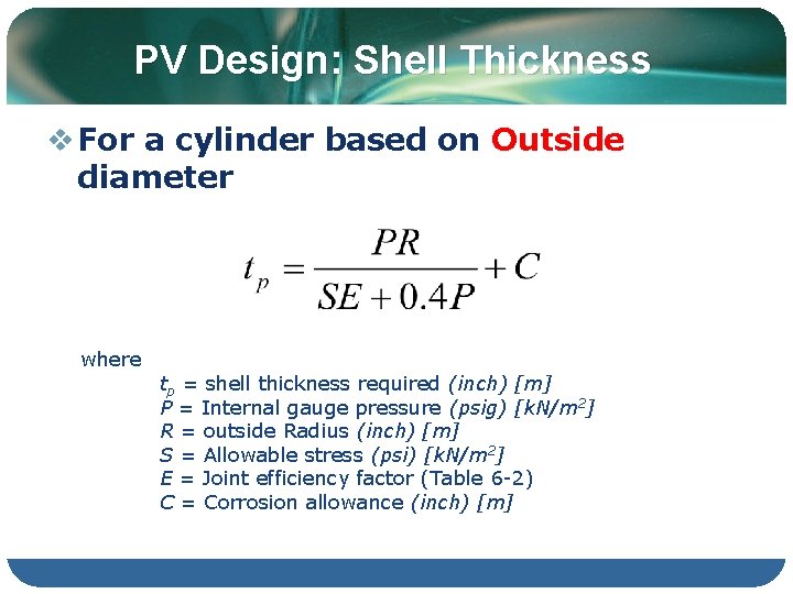 PV Design: Shell Thickness v For a cylinder based on Outside diameter where tp