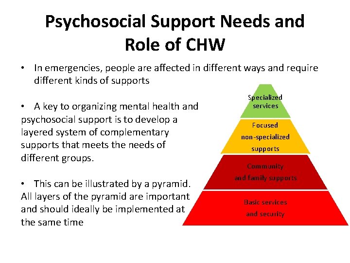 Psychosocial Support Needs and Role of CHW • In emergencies, people are affected in
