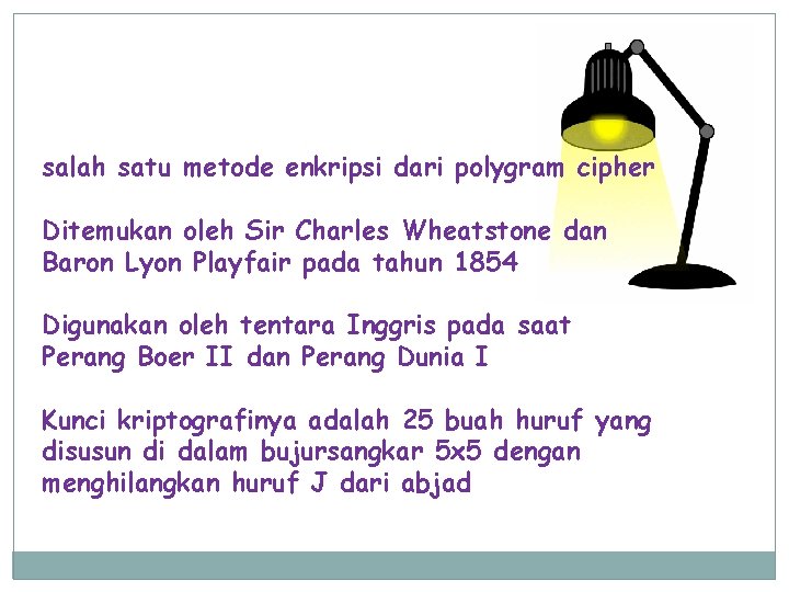 salah satu metode enkripsi dari polygram cipher Ditemukan oleh Sir Charles Wheatstone dan Baron