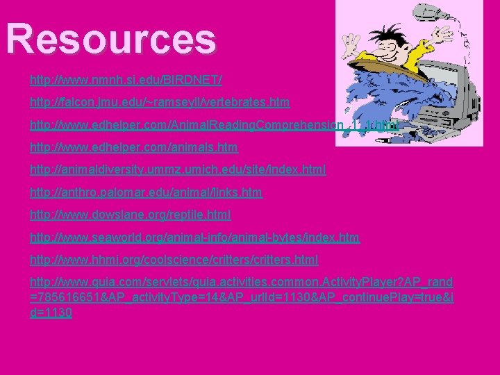 Resources http: //www. nmnh. si. edu/BIRDNET/ http: //falcon. jmu. edu/~ramseyil/vertebrates. htm http: //www. edhelper. Resources http: //www. nmnh. si. edu/BIRDNET/ http: //falcon. jmu. edu/~ramseyil/vertebrates. htm http: //www. edhelper.