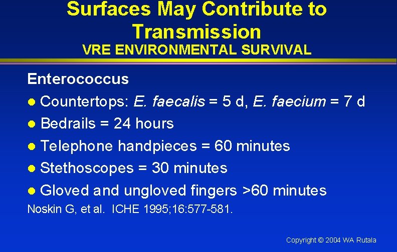 Surfaces May Contribute to Transmission VRE ENVIRONMENTAL SURVIVAL Enterococcus l Countertops: E. faecalis =