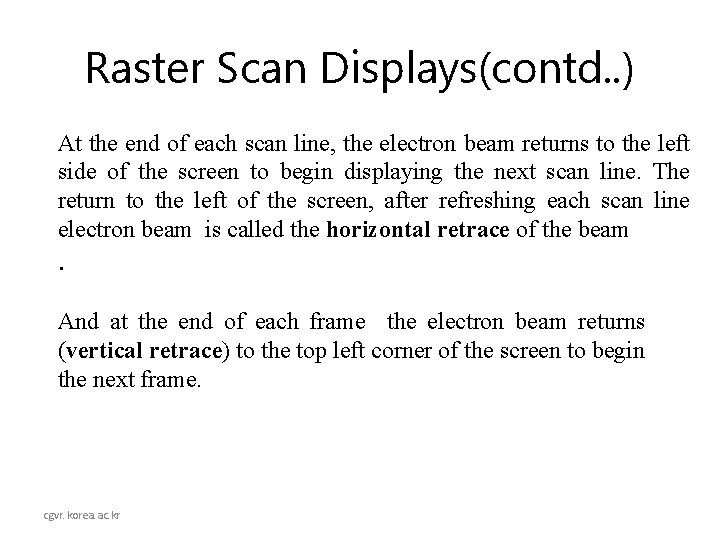 Raster Scan Displays(contd. . ) At the end of each scan line, the electron
