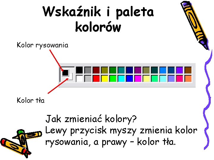 Wskaźnik i paleta kolorów Kolor rysowania Kolor tła Jak zmieniać kolory? Lewy przycisk myszy